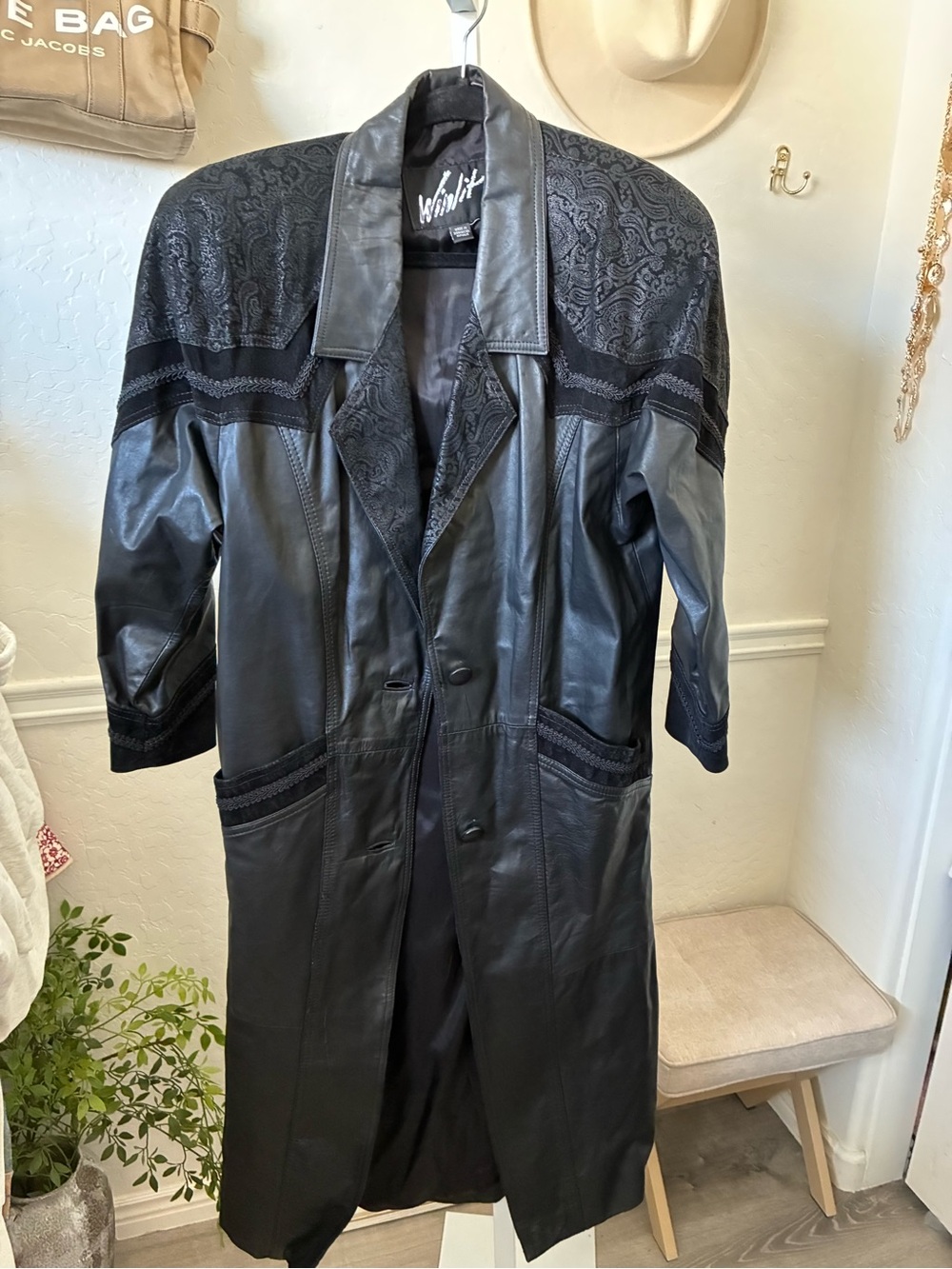 1980s Vintage Leather Coat paisley print intricate details throughout